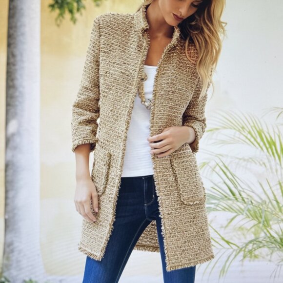 Neiman Marcus Fringe Trim Boucle Blazer Open Front Jacket, Gold Shimmer M - EUC - Picture 1 of 9